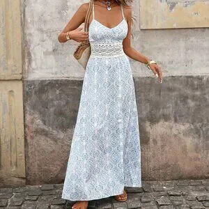 Blue And White Boho Women's Floral Print Contrast Lace Spaghetti Strap Dress